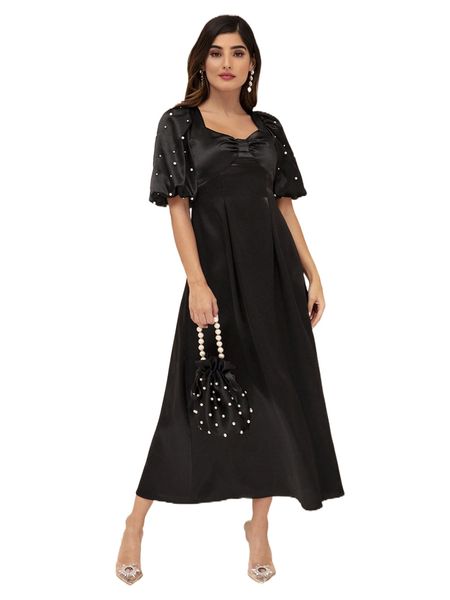 

modely pearls beaded ruched sweetheart neck puff sleeve satin dress e90s#, Black;gray