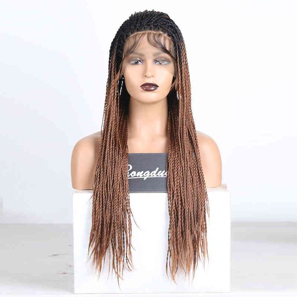 

long soft ombre brown 13*4 synthetic lace front braided box braid wigs high temperature fiber hair for black women lightwight, Golden;white