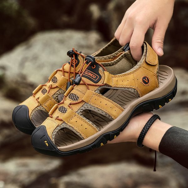 

genuine leather men sandals summer men shoes soft beach sandals fashion outdoor casual non-slip sneakers water shoes, Black