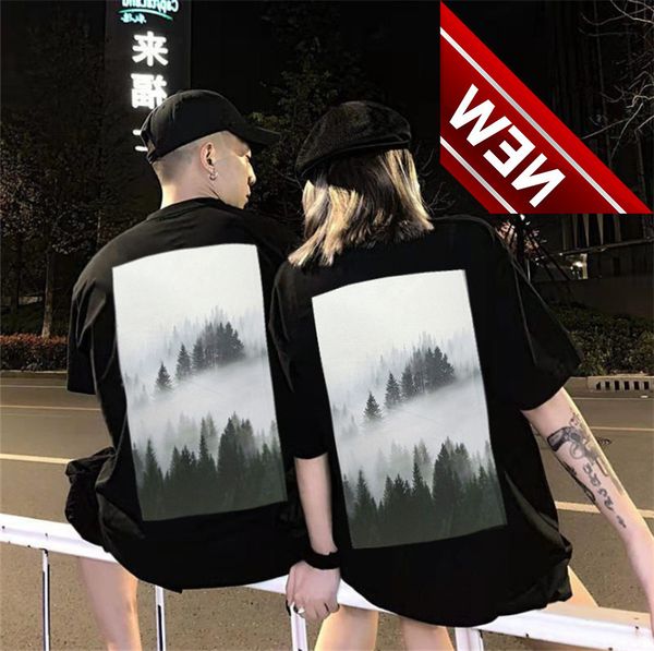 

chao brand feel of god fog double thread essentials forest cloud sea p printing short sleeve t-shirt for men and women, White;black