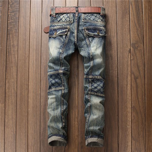 

wholesale- fashion men's ripped biker jeans brand designer distressed vintage washed denim pants with patch pleated jeans for men, Blue