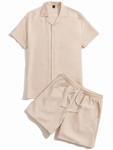 

men button front shirt & drawstring waist shorts a4kv#, Gray