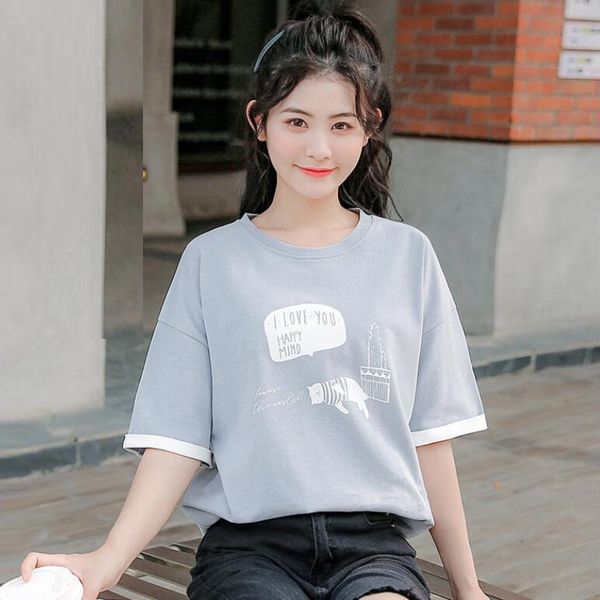 T-shirt feminina estilo coreano Harajuku Kpop Roupas femininas de moda feminina com mangas curtas tops fofos para meninas santage senhoras soltas