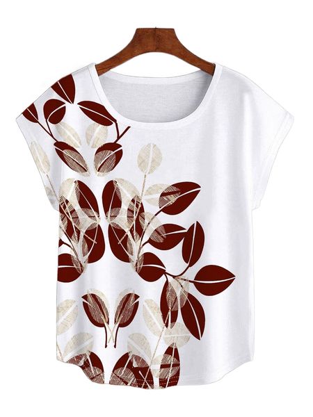 

plus plant print batwing sleeve tee a7xn#, Black