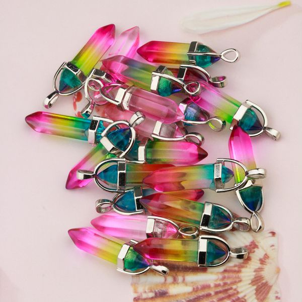 

hexagonal prism glass pendants colorfull pillar point charms for necklace jewelry making, Bronze;silver