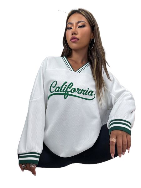 

letter graphic striped trim waffle knit sweatshirt g7ba#, Black