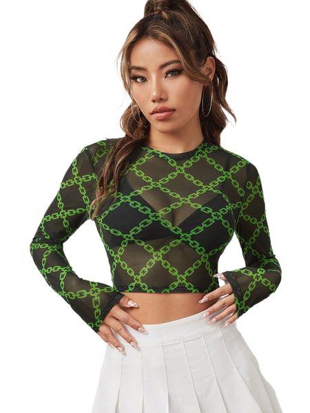 

x yiwd chain print sheer mesh crop without bra j8tl#, White