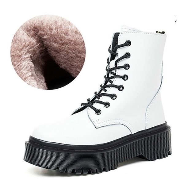 

winter motorcycle boots women warm plush snow boot genuine leather rubber platform lace up punk military ladies shoe botas mujer 201029, Black