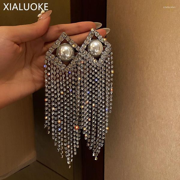 Dangle Avize Vintage abartı püskül tam rhinestone damla damla küpeler kadınlar için geometrik kare kristal inciler mücevher hediyeler dangle ode