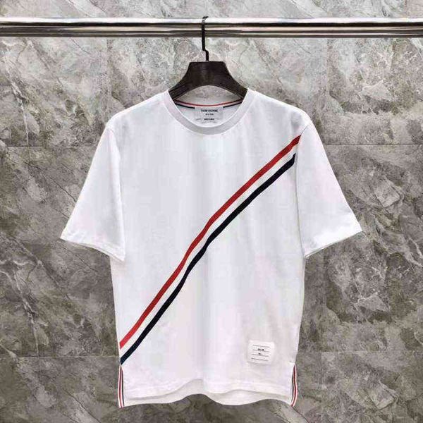 

tb summer trend oblique tricolor round neck short sleeve t-shirt leisure sports men and women lovers short sleeve party pure cotton correct, White;black