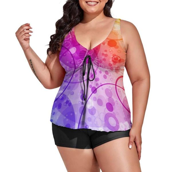 Damen-Bademode, bunter Kreis-Badeanzug, Regenblasen, Regenbogen, 2-teiliger Tankini, mehrfarbige Badeanzüge, große Größe, grafische Strandkleidung, Damen