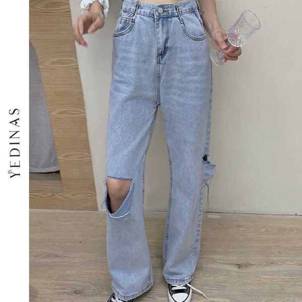 Йединас высокая талия женская мода свободная разрушенная джинсовая джинсовая джинсовая ткань широкие джинсы для ног. Джинсы. Повседневные брюки плюс размер 210527