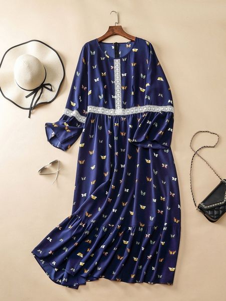 

plus butterfly print guipure lace panel ruffle hem dress h1nz#, Black