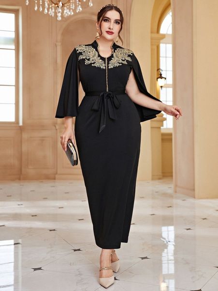 

plus pearls beaded appliques cloak sleeve split back belted dress d0yz#, Black