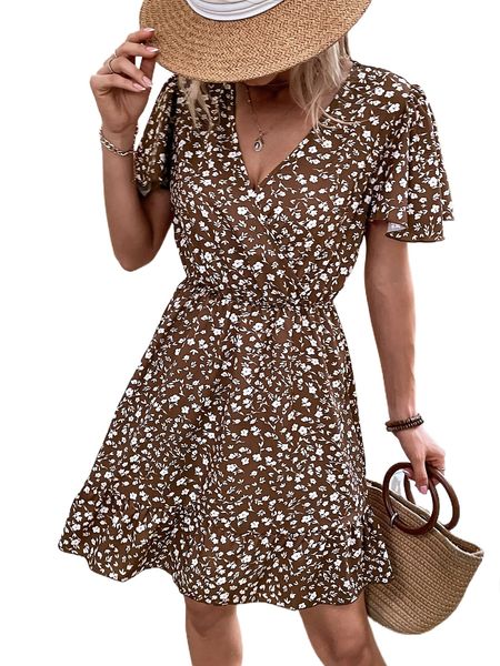 

ditsy floral surplice front ruffle hem dress t05c#, Black;gray