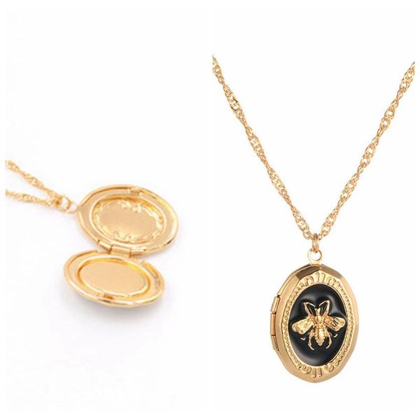 Anhänger Halsketten Vintage Ästhetische PO Rahmen Emaille Legierung Biene Halskette Für Frauen Exquisite Nette Gold Farbe Kette Oval GiftPendant