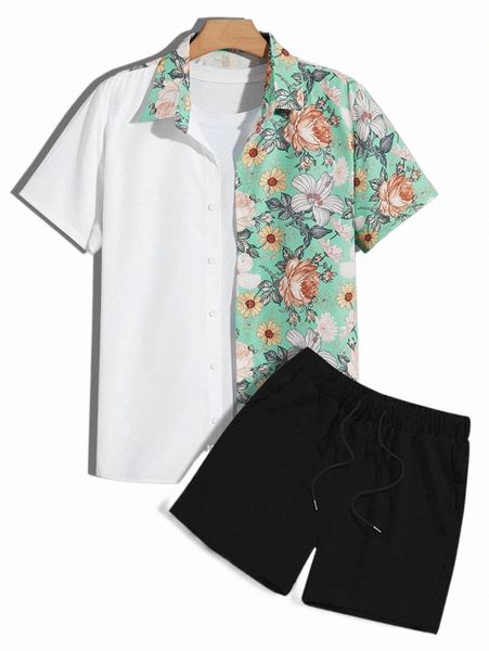 

men floral print shirt & drawstring waist shorts without tee 05rb#, Gray