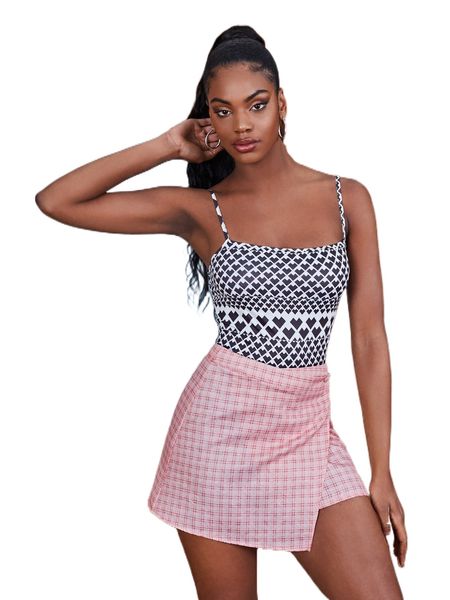 

geo print cami and plaid wrap skirt set t5g3#, White