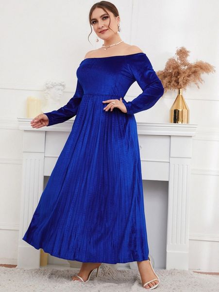 

plus off shoulder pleated hem velvet dress l3m4#, Black