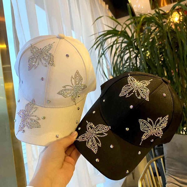 

hat female autumn and winter butterfly handmade diamond baseball cap fashion korean version versatile duck tongue hat women's fashion, Blue;gray