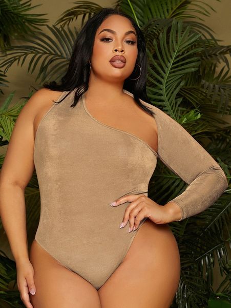 

sxy plus solid asymmetrical shoulder backless bodysuit g9sv#, Black