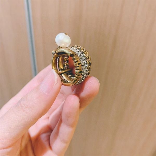 

letter row drill three-layer pearl ring female old pair ring three ring, Silver