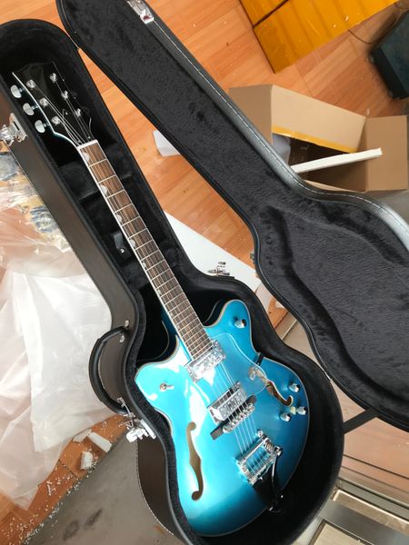 

blue semi-hollow jazz electric guitar maple body f hole chrome hardware