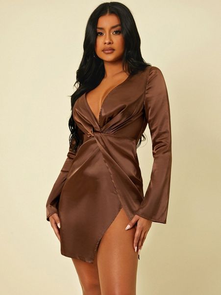 

sxy plunging neck twist front wrap satin dress e28w#, Black;gray