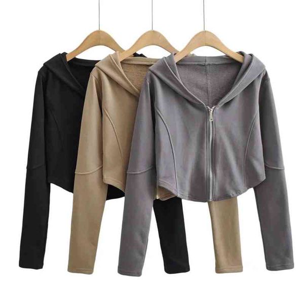 

hoodies red arc sweater hem zipper net short hooded women's dress autumn new solid color zipper coat cardigan top, Black