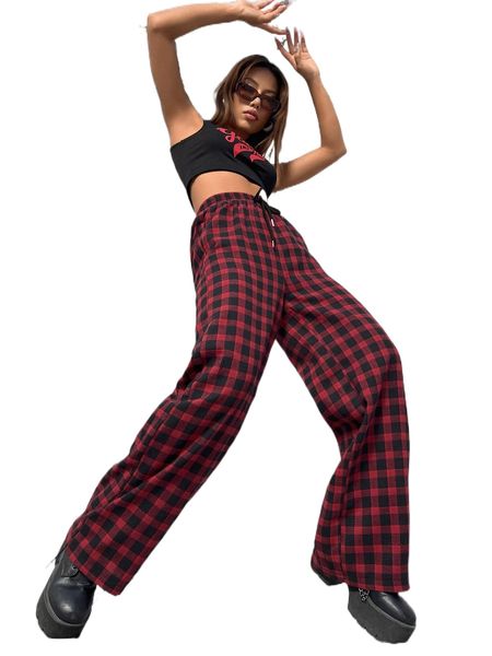 

plaid print drawstring waist pants 09wh#, Black;white