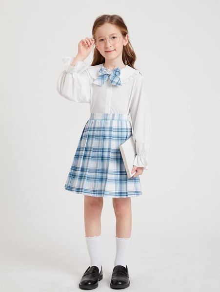 

girls flounce sleeve bow front blouse & tartan pleated skirt she, White