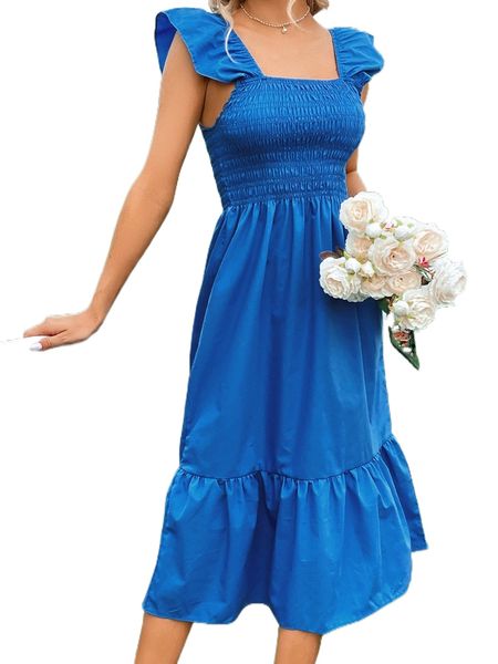 

shirred ruffle trim flutter sleeve square neck dress q2ab#, Black;gray