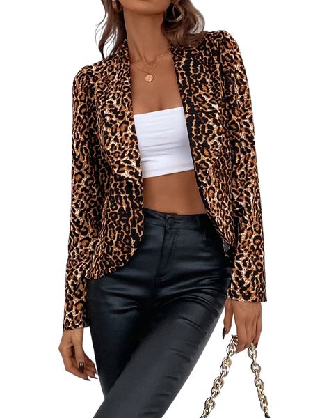

leopard print shawl collar open front blazer v6js#, White