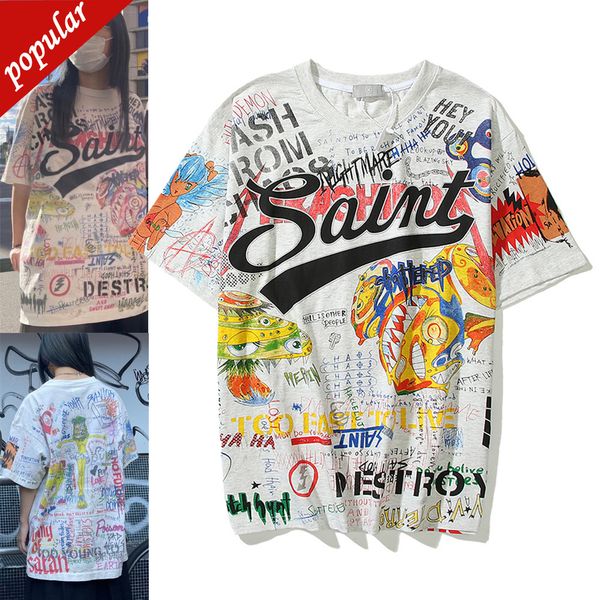 

brand men's fashion trend clothing wholesale cartoon hand-painted all printed short sleeve summer casual and women's t-shirt, White;black