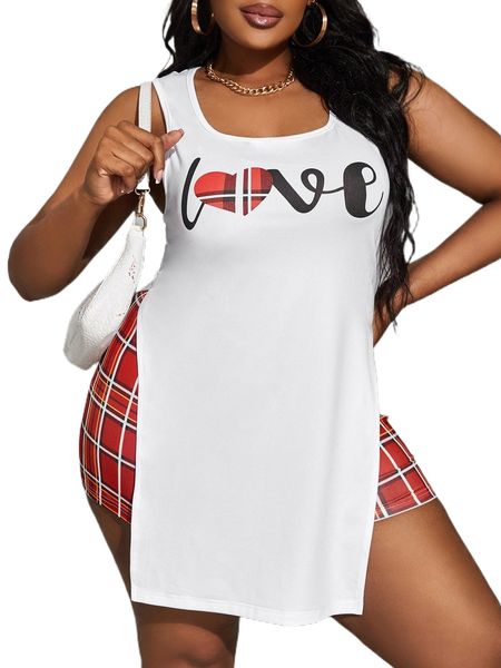 

plus letter graphic slit side tank & plaid biker shorts 46xh#, Black