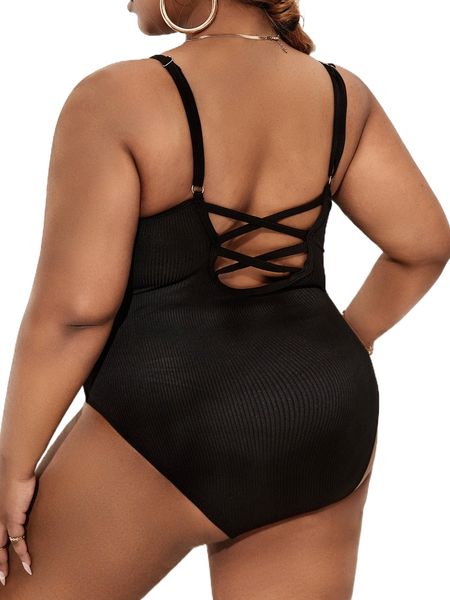 

plus solid cross back one piece swimsuit d4kr#, White;black