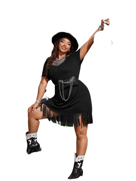 

plus drop shoulder fringe trim dress without belt bag l5pu#, Black