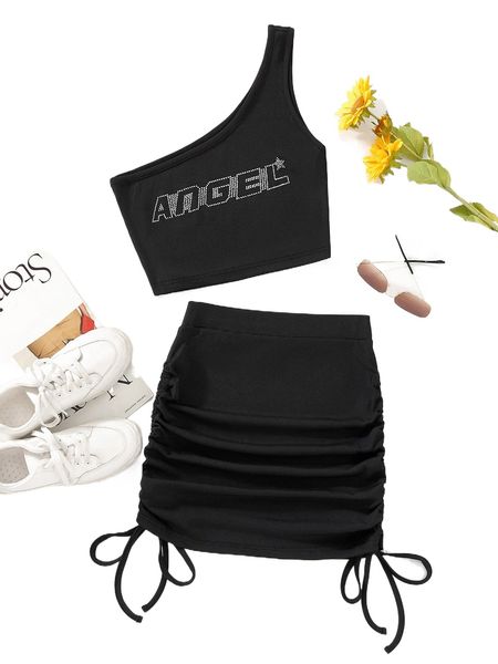 

rhinestone letter pattern one shoulder & drawstring side skirt t7ld#, White
