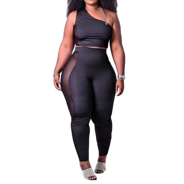 

yoga outfit women's sport set solid color one shoulder sleeveless crop + high waist long pants summer mesh fitness sportwear