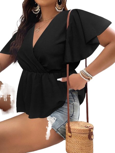 

plus butterfly sleeve peplum blouse n5mf#, Black