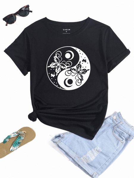 

yin & yang & butterfly print tee a2be#, White
