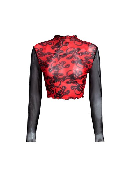 

allover skull print lettuce trim mesh crop z2th#, White