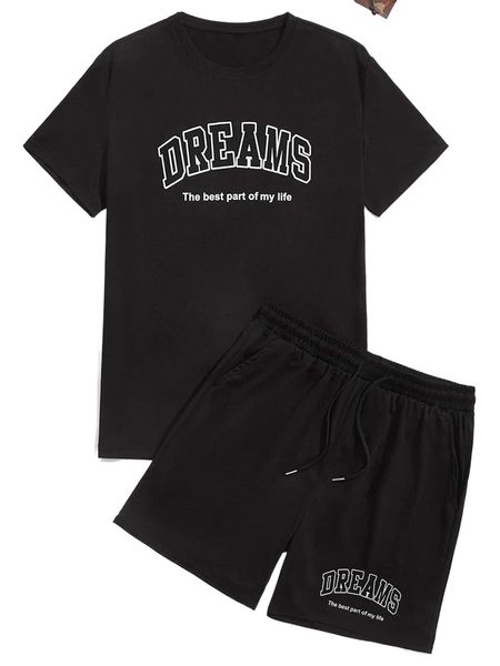 

men slogan graphic tee & drawstring waist shorts y3pn#, Gray