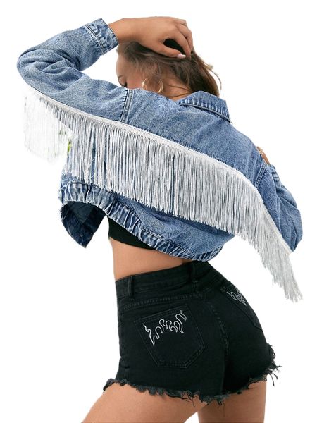

fringe trim drop shoulder crop denim jacket t4eh#, Black;brown