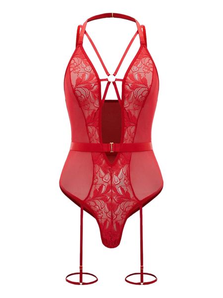 

contrast lace ring linked garter teddy bodysuit 91hb#, Black;red