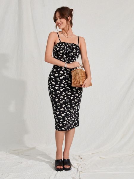 

ditsy floral frilled tie front slit back cami dress 60rd#, Black;gray