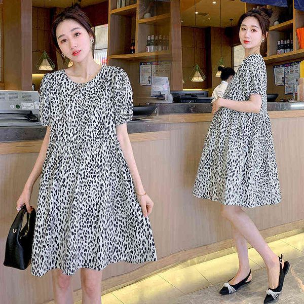 

901 2022 summer korean fashion leopard printed maternity dress sweet lovely a line clothes for pregnant women pregnancy clothing g220418, White