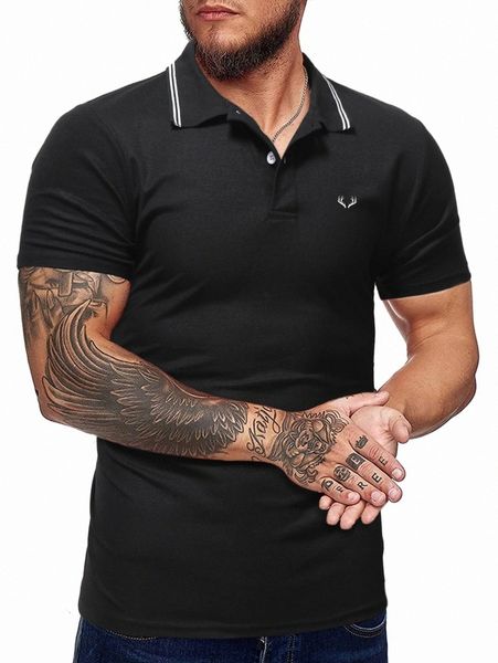 

men antler print striped trim polo shirt q2wd#, White;black