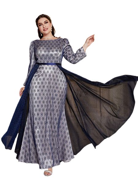 

plus floral print puff sleeve mesh overlay glitter maxi dress 944j#, Black