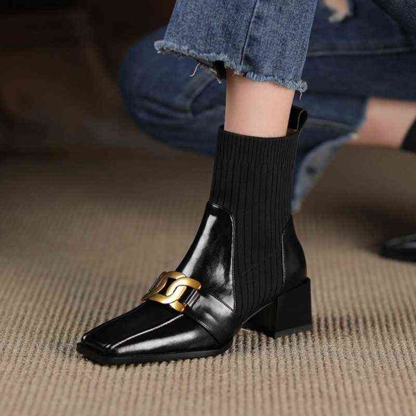 

boots retro women square toe knitted stretch boot temperament mid-heel fashion patent leather thick heel 220719, Black